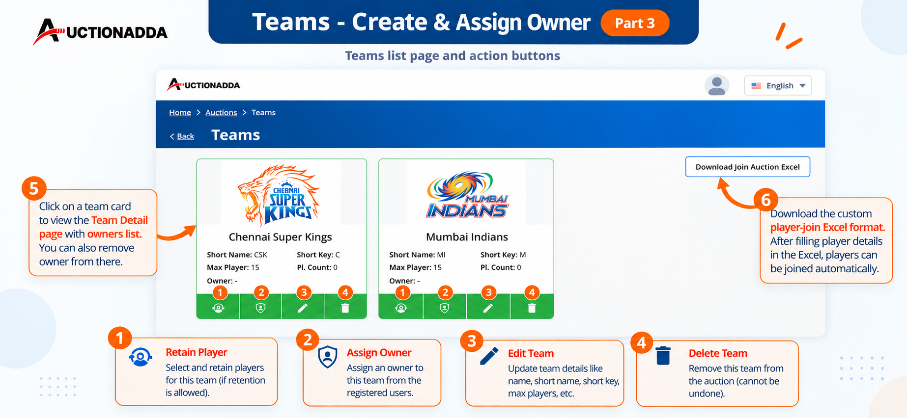 Teams List and Actions